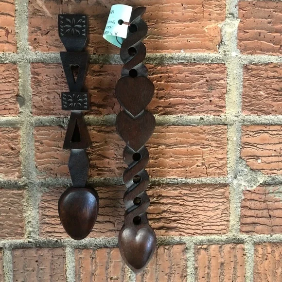 Set of 2 Hand Carved Welsh LoveSpoons by Master Wood Carver Mike Davies &Tea Cup